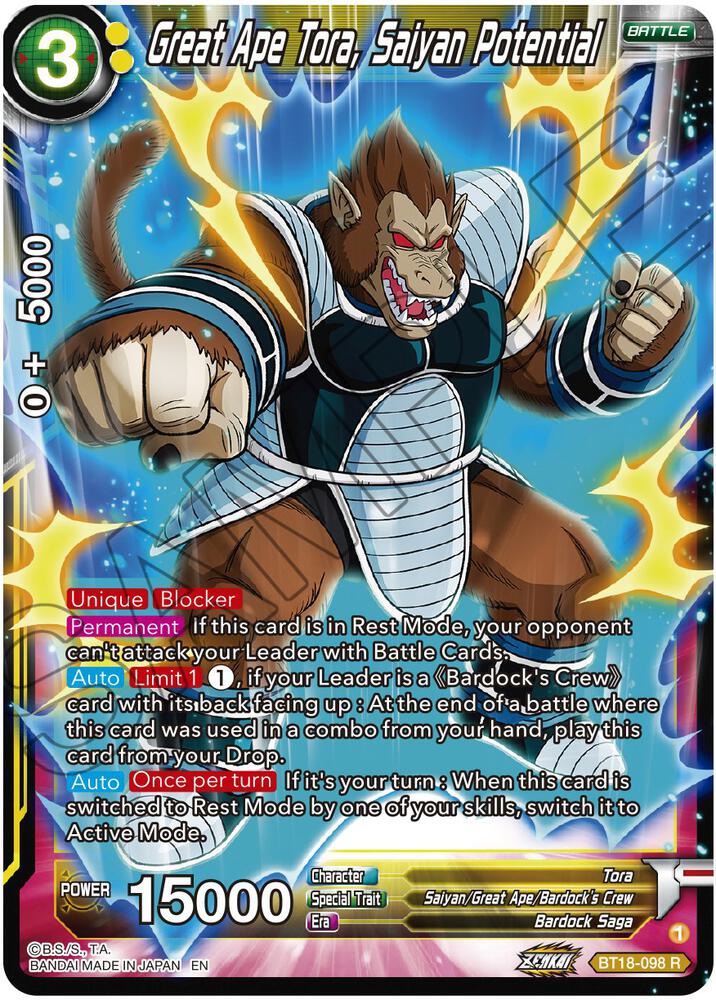 Great Ape Tora,Saiyan Potential BT18-098 Dawn of the Z-Legends Dragon Ball Super
