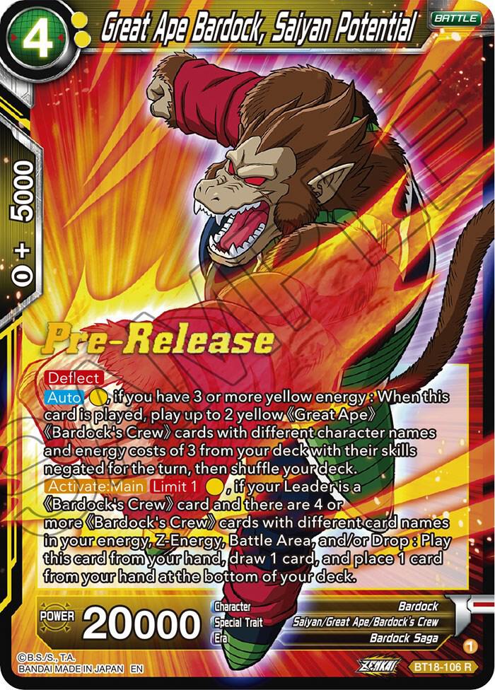 Great Ape Bardock, Saiyan Potential BT18-106 Pre-Release  Dragon Ball Super NM