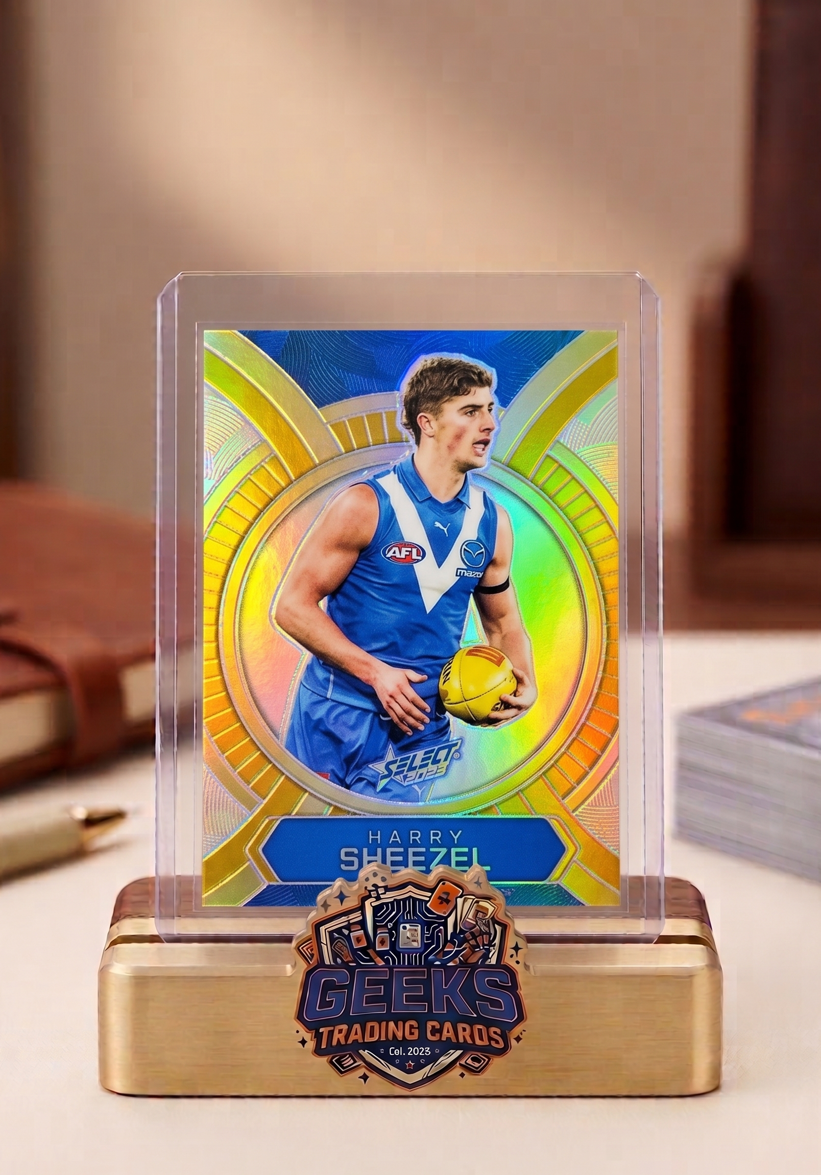 Trading card of a basketball player on a stand with 'Geeks Trading Cards' branding.
